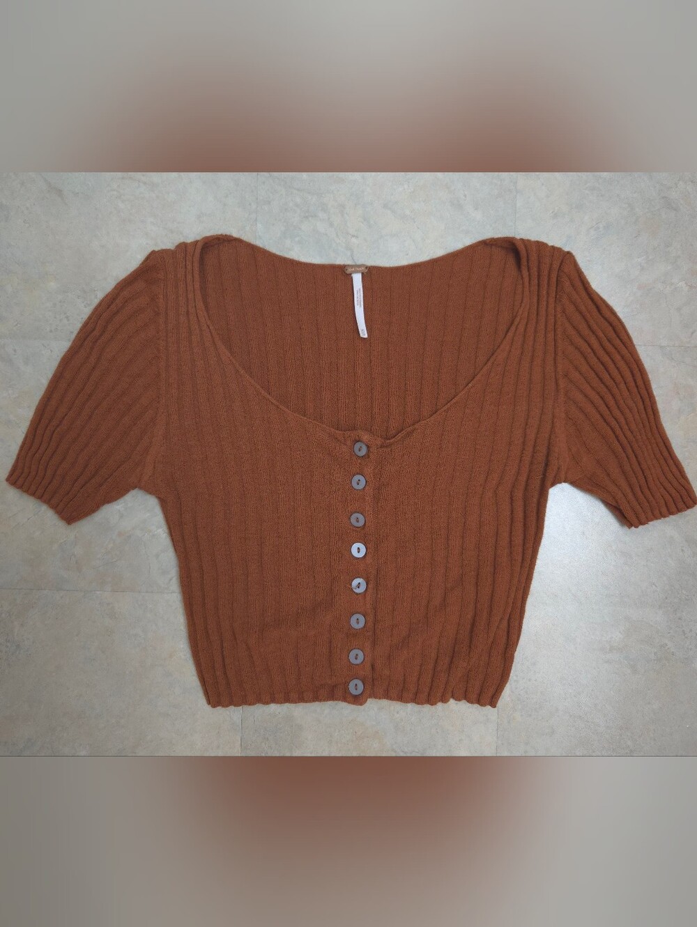 Free People Rust Ribbed Button-Front Cropped Knit Top